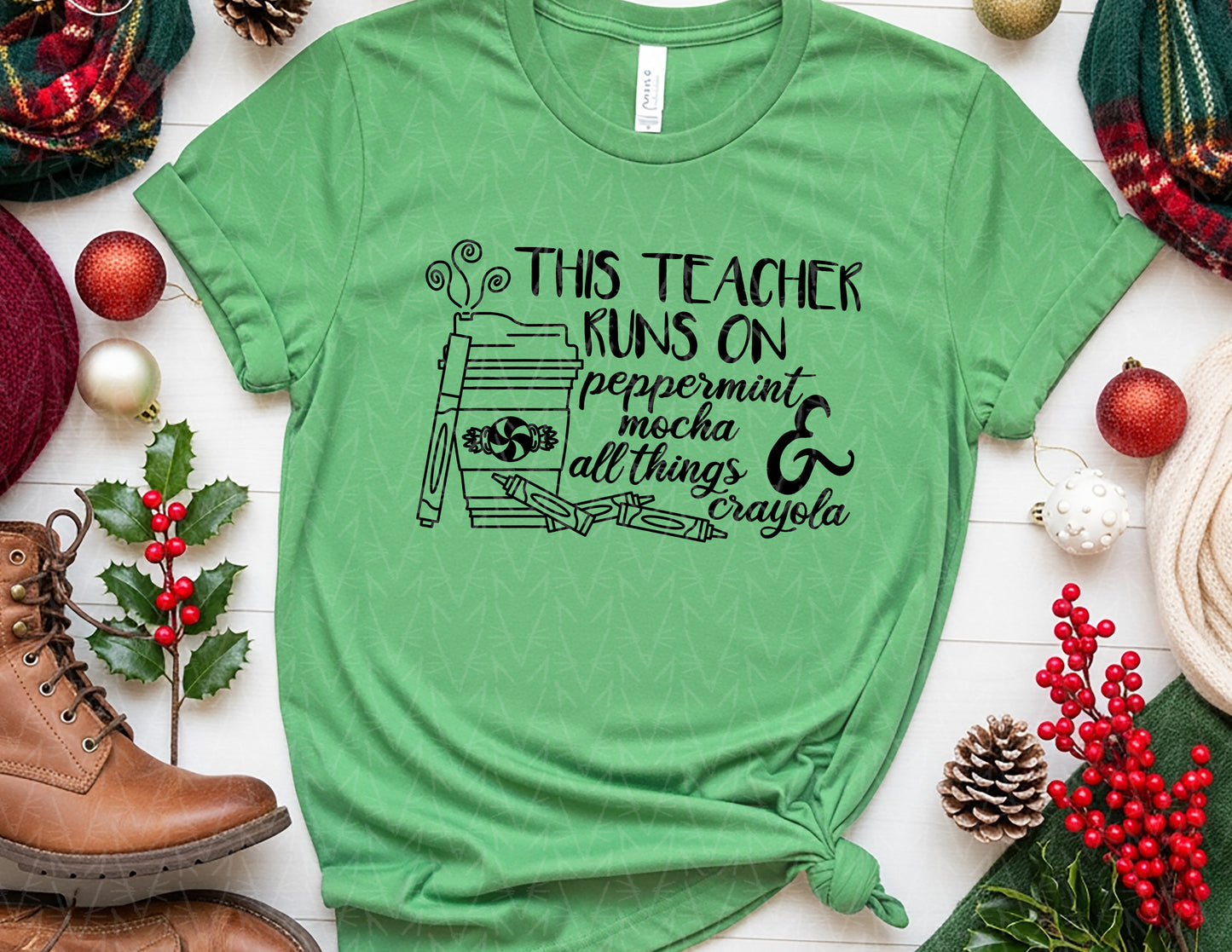 This Teacher Runs on Peppermint Mocha & Crayons Shirt (Black Graphic)