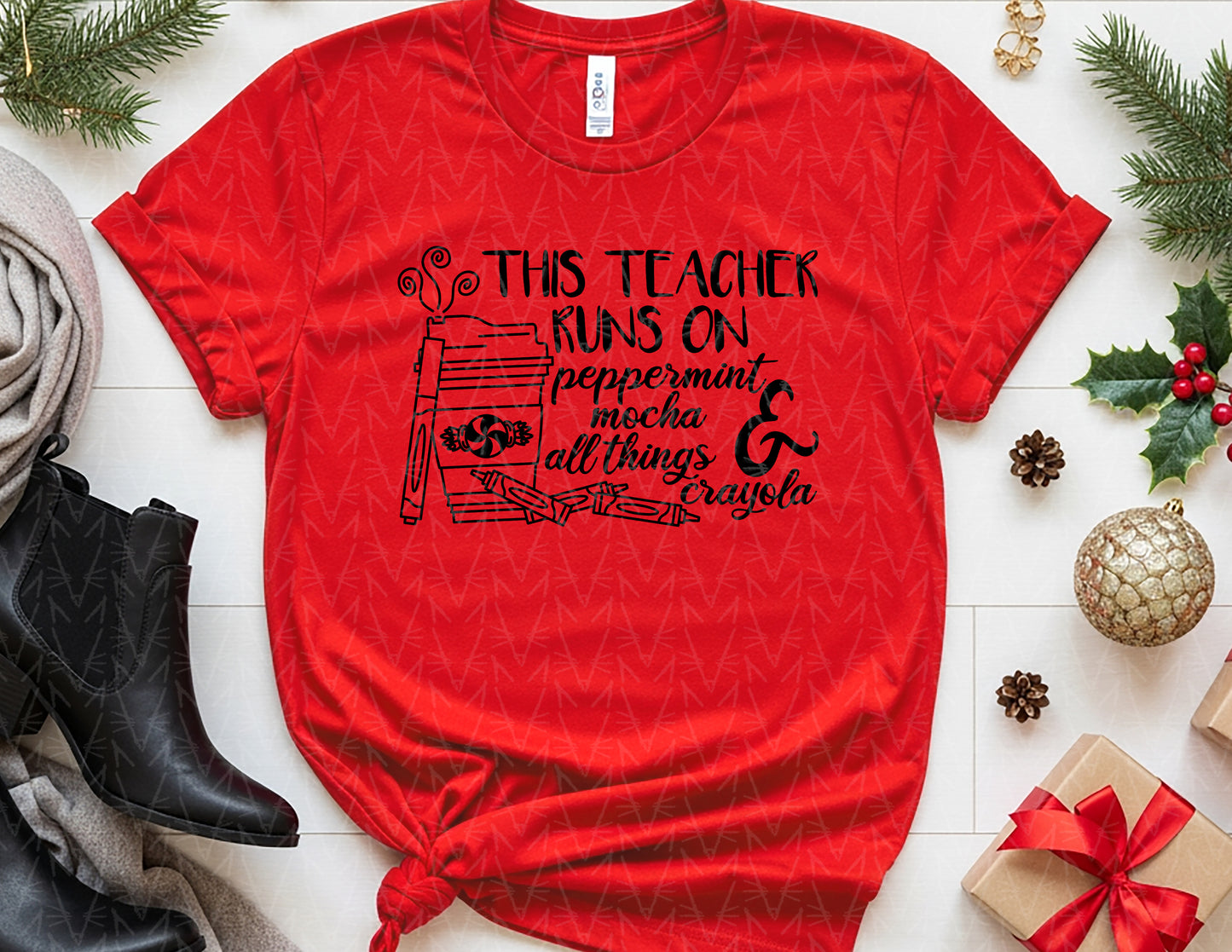 This Teacher Runs on Peppermint Mocha & Crayons Shirt (Black Graphic)