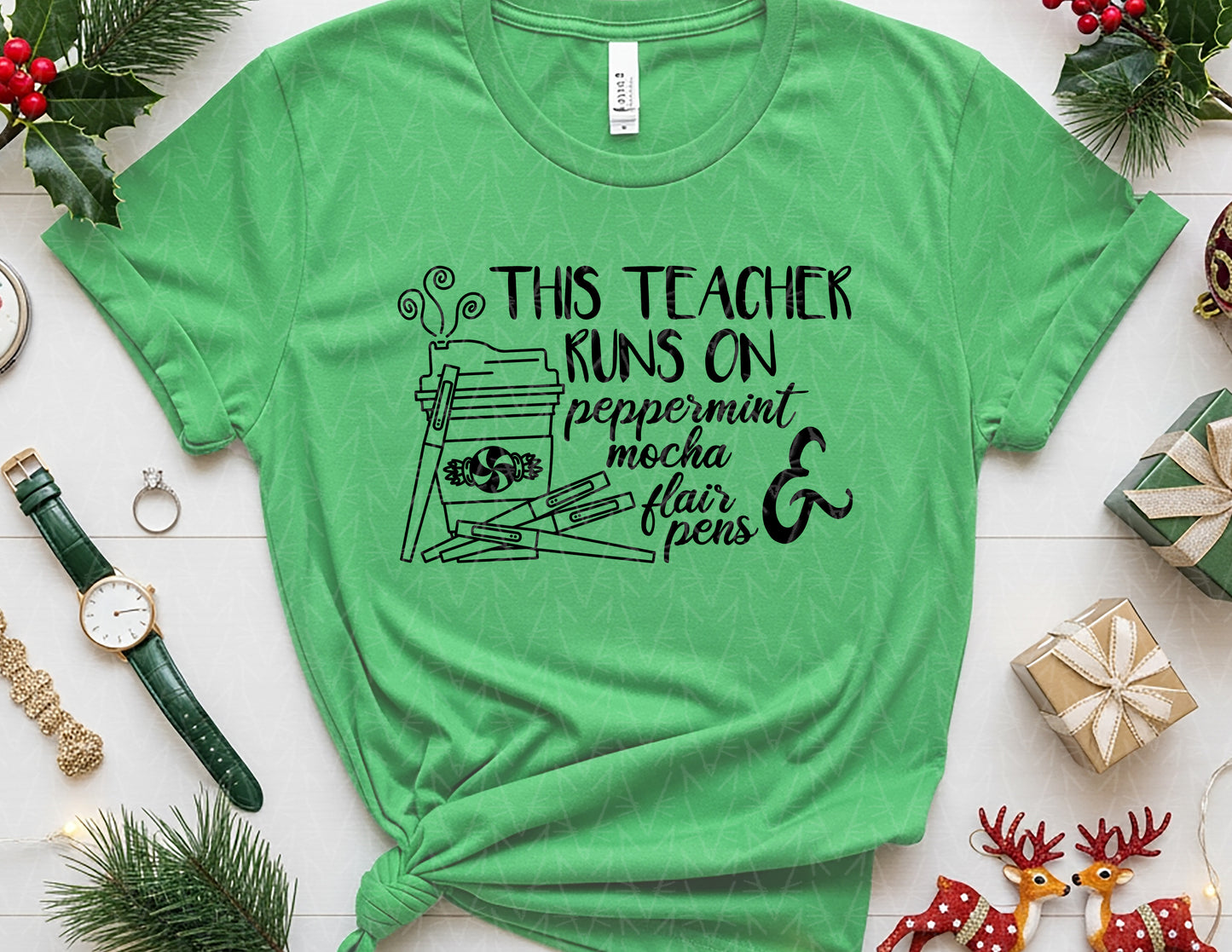 This Teacher Runs on Peppermint Mocha & Pens Shirt (Black Graphic)