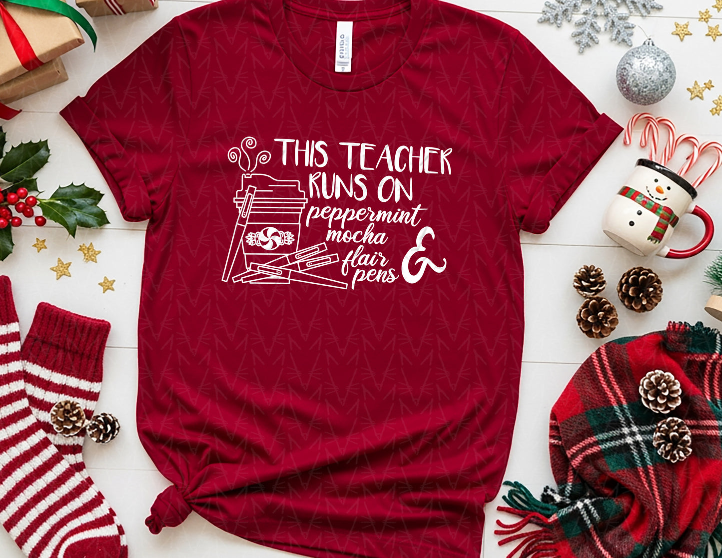 This Teacher Runs on Peppermint Mocha & Pens Shirt (White Graphic)