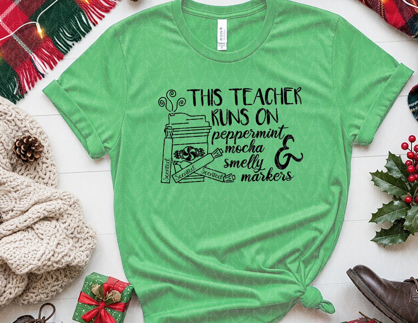 This Teacher Runs on Peppermint Mocha & Markers Shirt (Black Graphic)