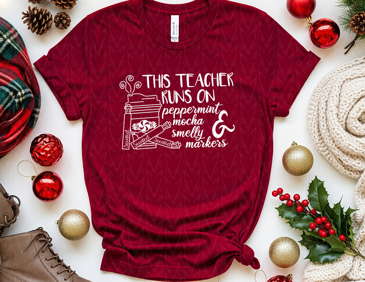 This Teacher Runs on Peppermint Mocha & Markers Shirt (White Graphic)