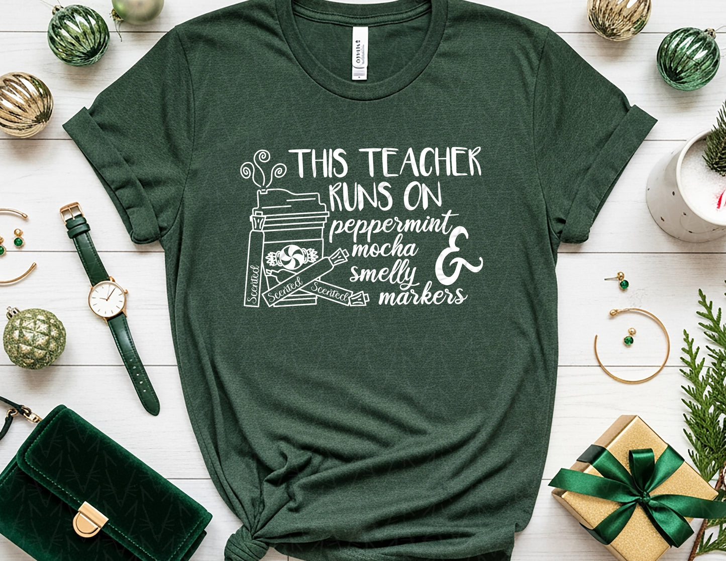 This Teacher Runs on Peppermint Mocha & Markers Shirt (White Graphic)