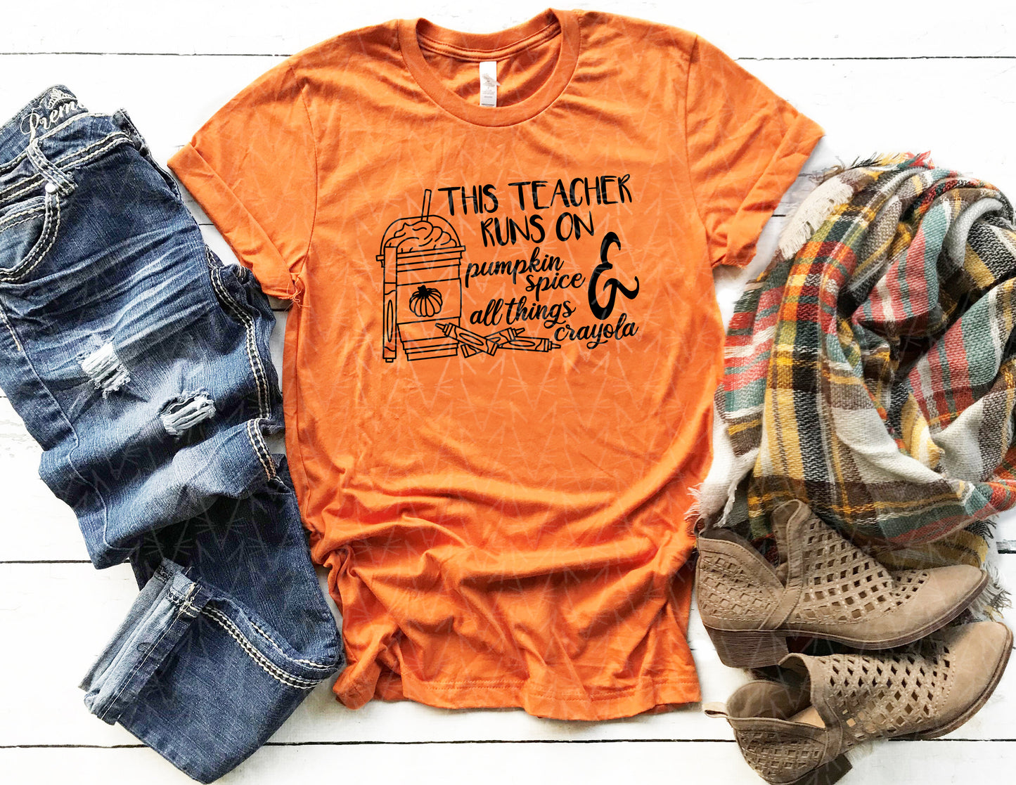 This Teacher Runs on Pumpkin Spice & Crayons Shirt (Black Graphic)