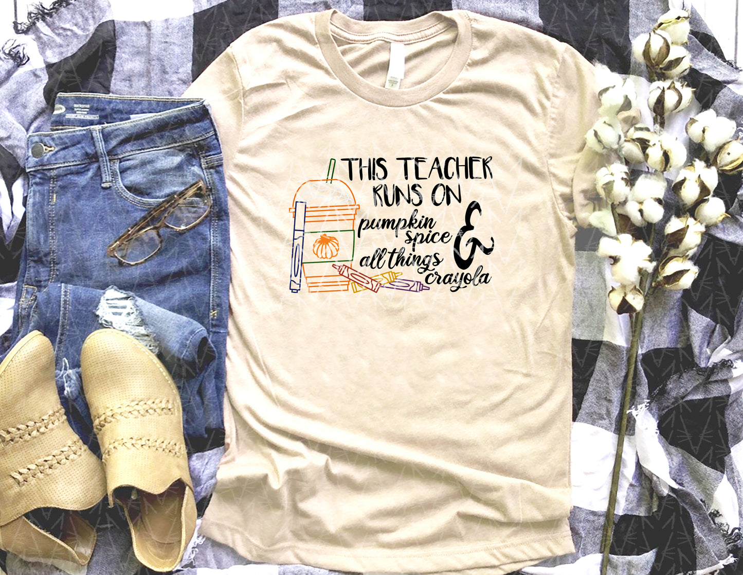 This Teacher Runs on Pumpkin Spice & Crayons Shirt (Full Color Graphic)