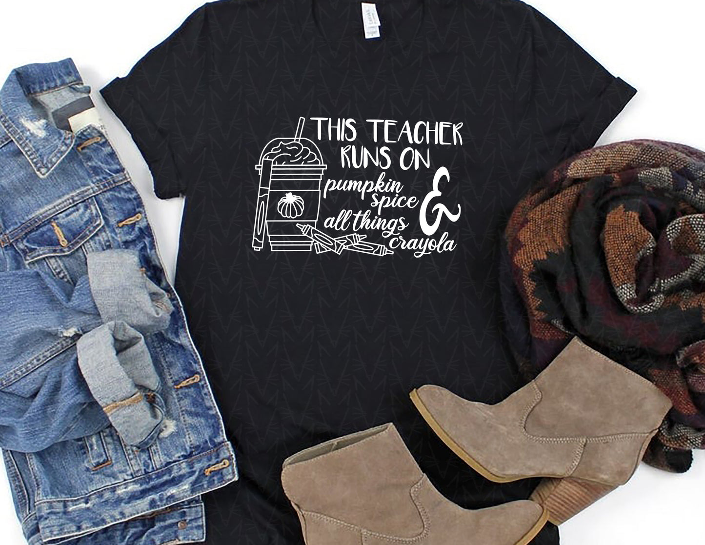 This Teacher Runs on Pumpkin Spice & Crayons Shirt (White Graphic)