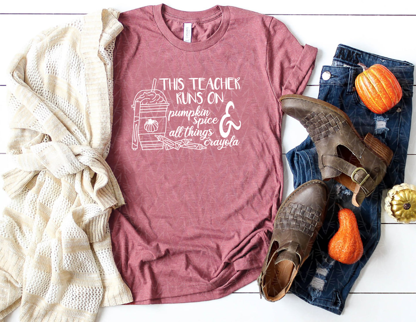 This Teacher Runs on Pumpkin Spice & Crayons Shirt (White Graphic)