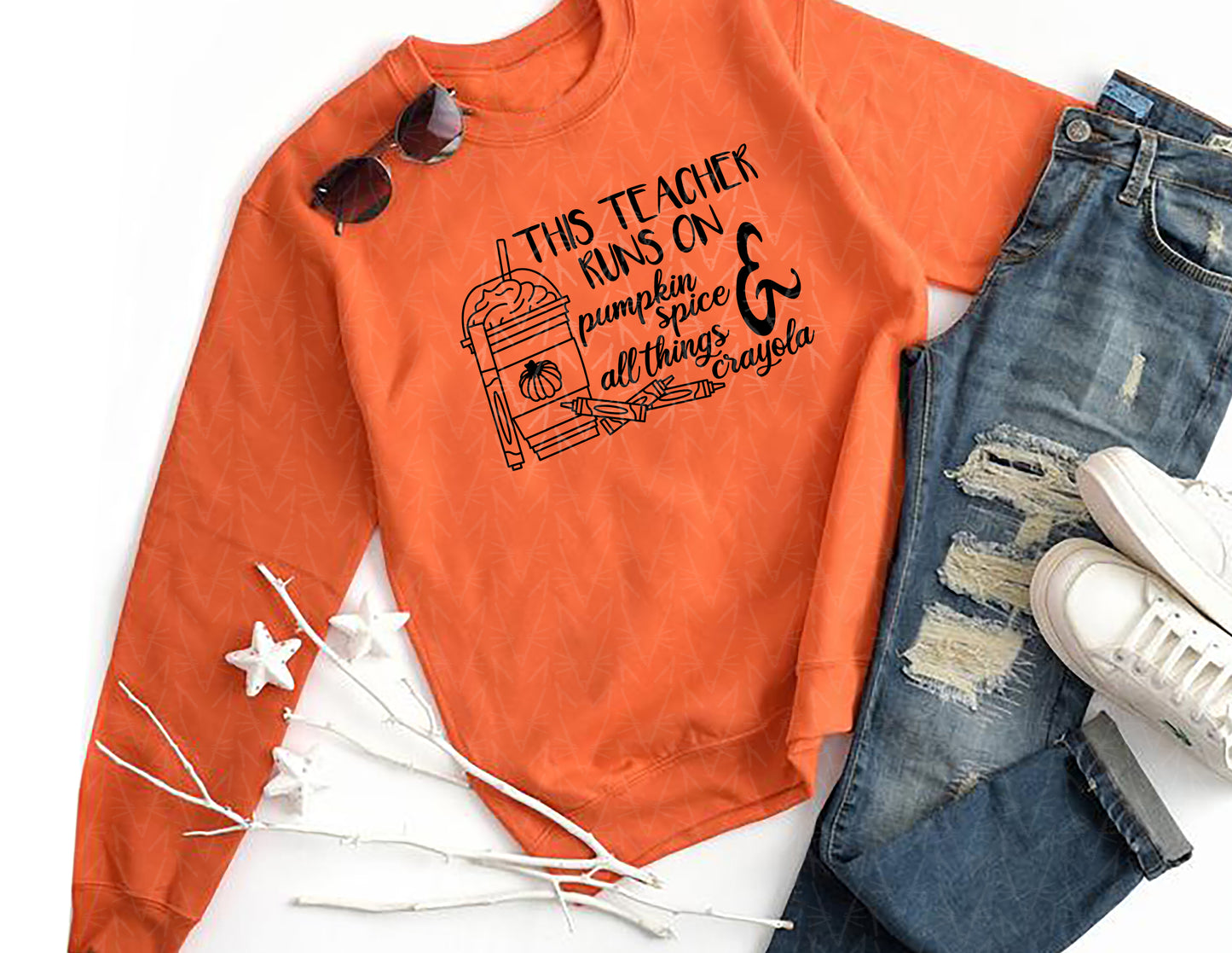 This Teacher Runs on Pumpkin Spice & Crayons Sweatshirt (Black Graphic)