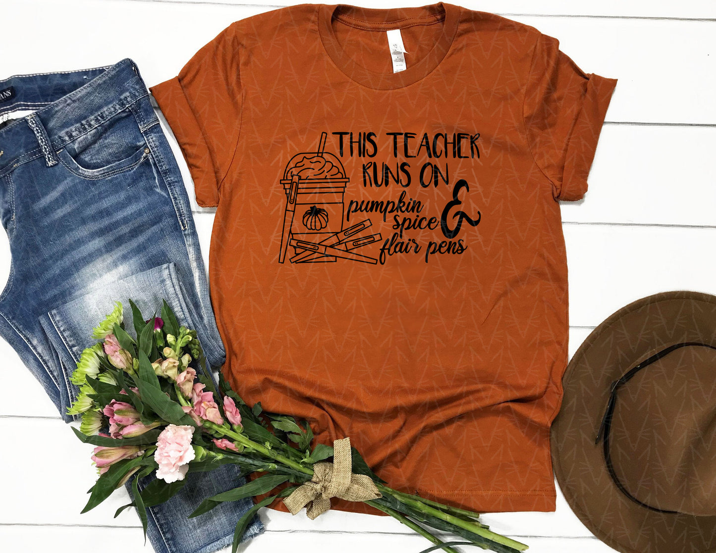 This Teacher Runs on Pumpkin Spice & Pens Shirt (Black Graphic)