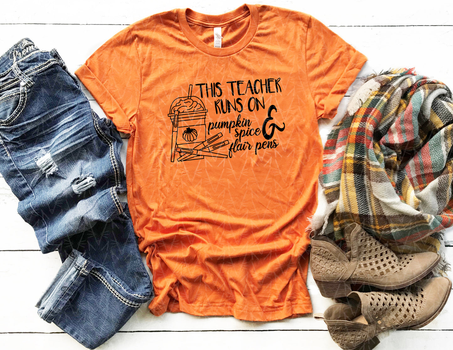 This Teacher Runs on Pumpkin Spice & Pens Shirt (Black Graphic)