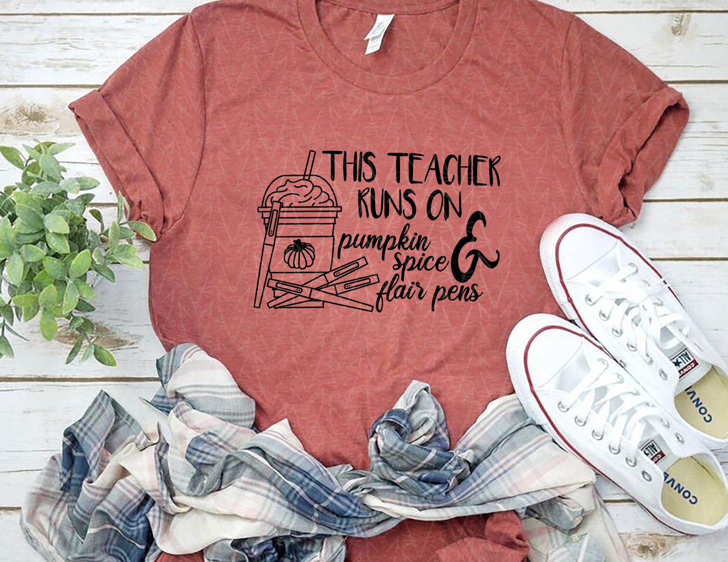 This Teacher Runs on Pumpkin Spice & Pens Shirt (Black Graphic)