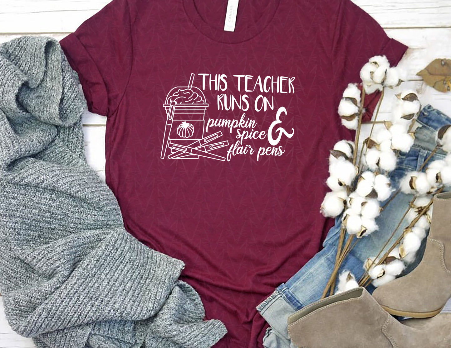 This Teacher Runs on Pumpkin Spice & Pens Shirt (White Graphic)