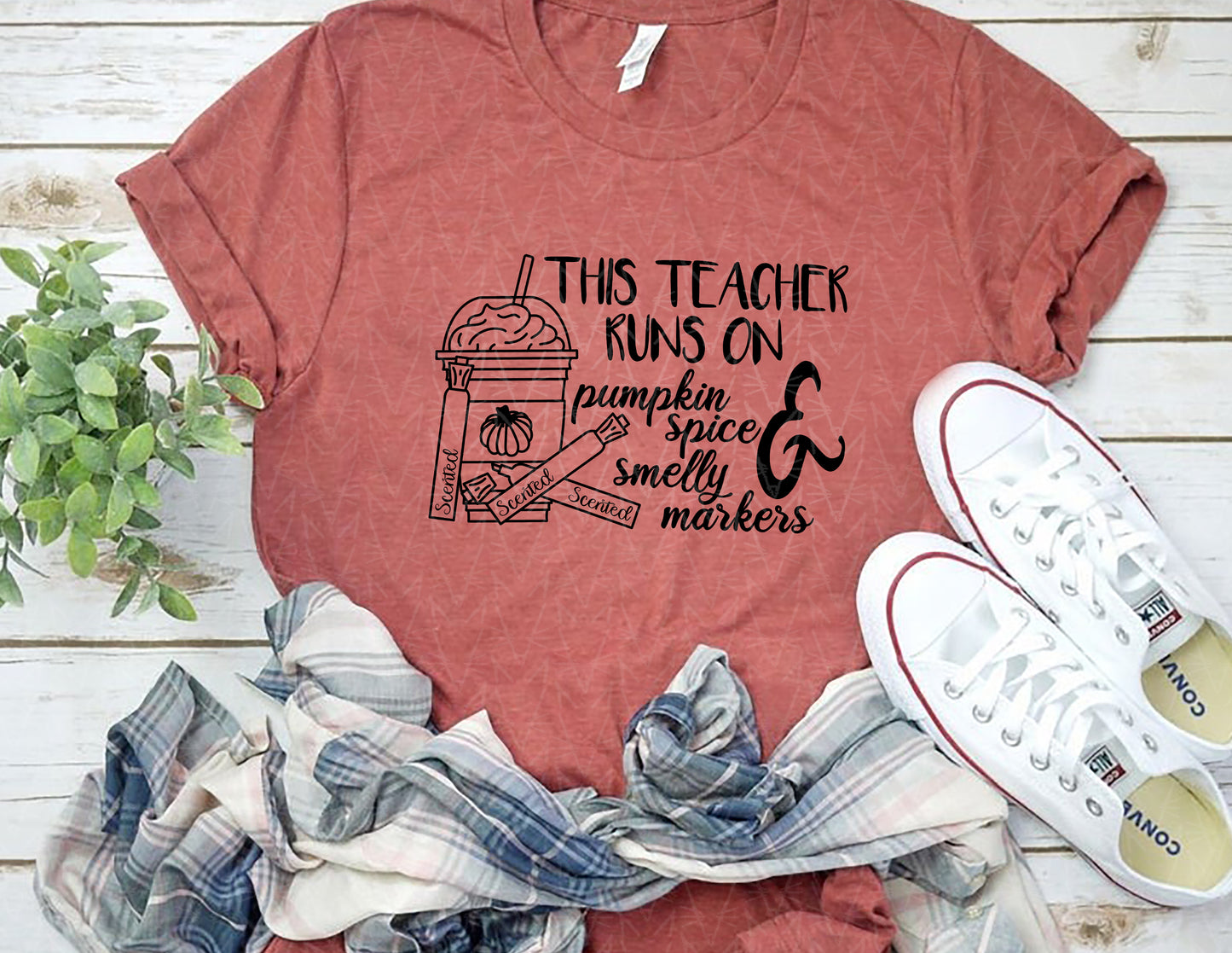 This Teacher Runs on Pumpkin Spice & Markers Shirt (Black Graphic)