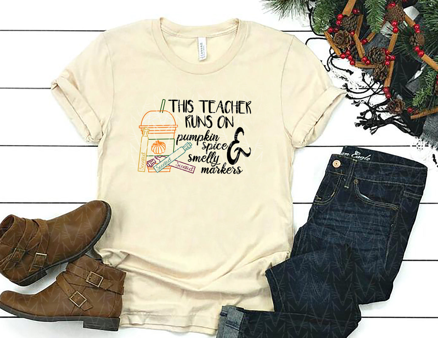 This Teacher Runs on Pumpkin Spice & Markers Shirt (Full Color Graphic)