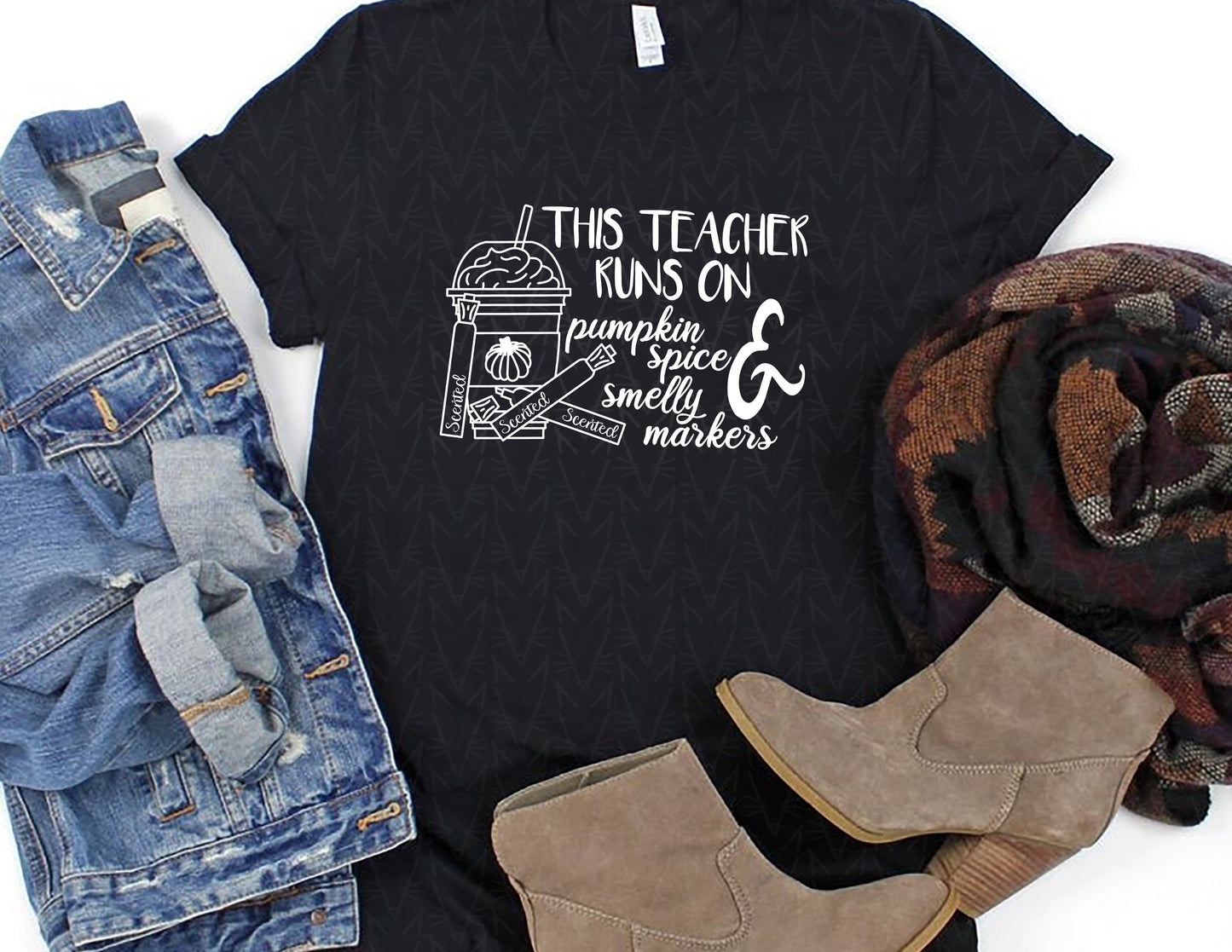 This Teacher Runs on Pumpkin Spice & Markers Shirt (White Graphic)